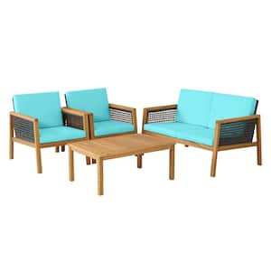 Brown 4-Piece Wood Patio Conversation Set with Turquoise Cushions
