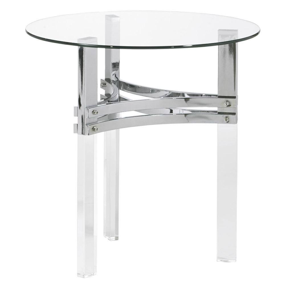 Benjara 23 in. Clear and Chrome Round Glass End Table with Straight