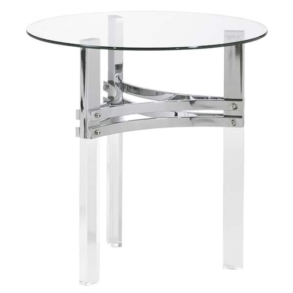 Benjara 23 in. Clear and Chrome Round Glass End Table Straight Acrylic Legs