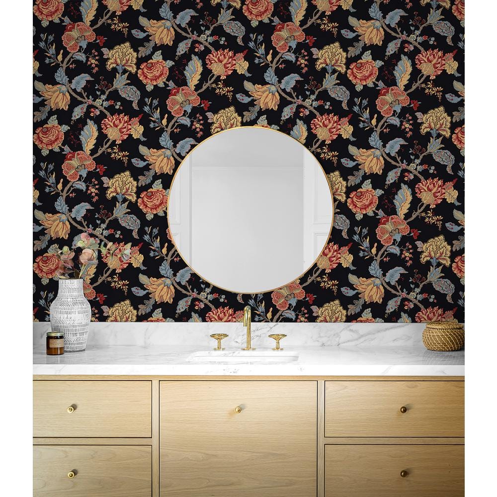 Ebony Floral Jacobean Pre-pasted Vinyl Wallpaper Roll
