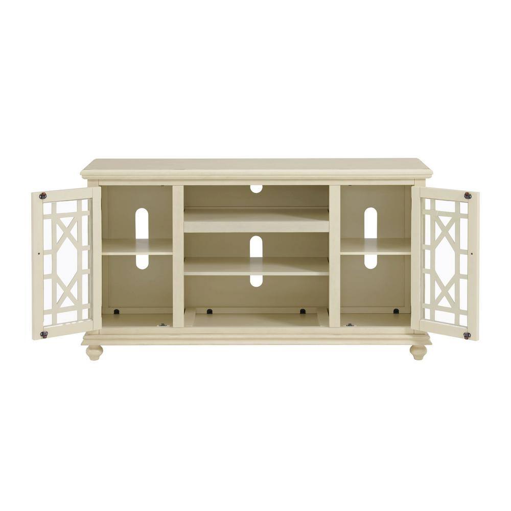 Parisian Antique White 63" Pine & Glass Elegant TV Stand with Cabinet