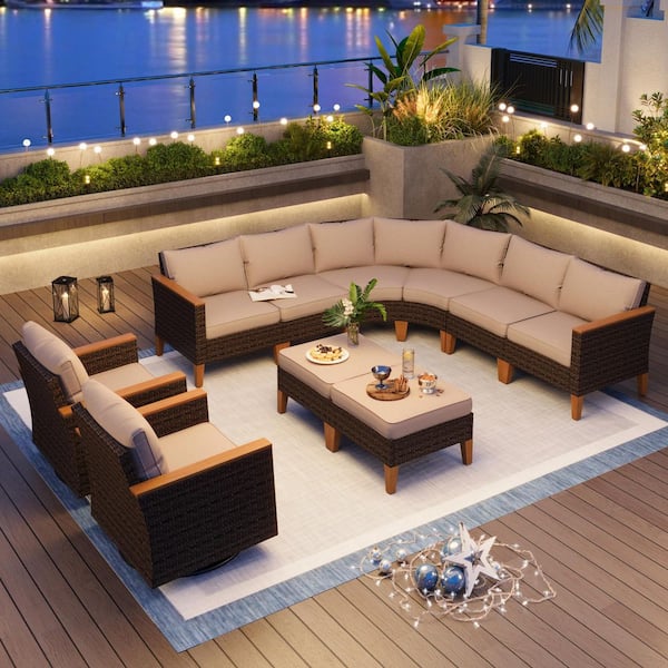 PHI VILLA Brown Wicker Rattan 10 Seat 10-Piece Steel Outdoor Patio Conversation Set with Beige Cushions,Swivel Sofas and Ottomans