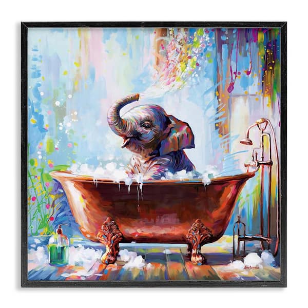 Stupell Industries Splashing Baby Elephant by Leon Devenice Black Framed Animal Giclee Art Print 12 in. x 12 in.
