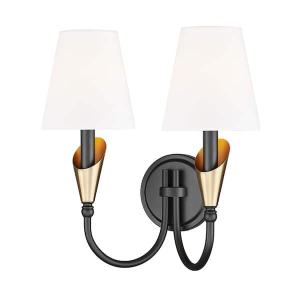 Claudelle 13.75 in. 2 Light Matte Black + Modern Gold Wall Sconce with White Fabric Shade