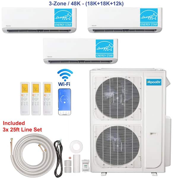 3-Zone ENERGY STAR Wi-Fi 48K BTU 230V 21 SEER2 Mini Split AC w/ Heat Pump + 18K + 18K + 12K BTU Heads 25 ft. lineset x 3