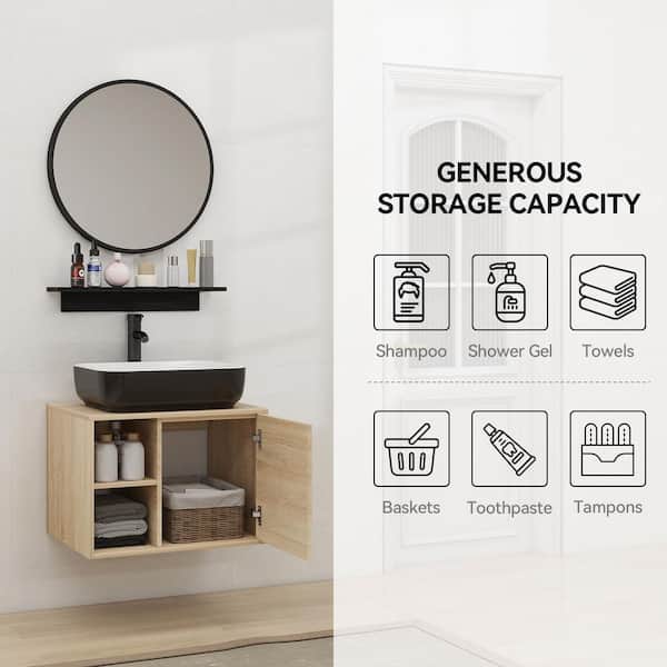 24 in. W Single Sink Burlywood Bath Vanity with Black/White Rectangular Solid Surface Top Sink and Mirror