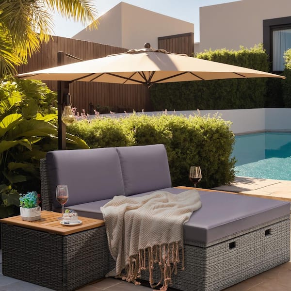 Foredawn Wicker Outdoor Day Bed with Removable Storage Cabine and Bedside Cabinetst, Gray Cushions