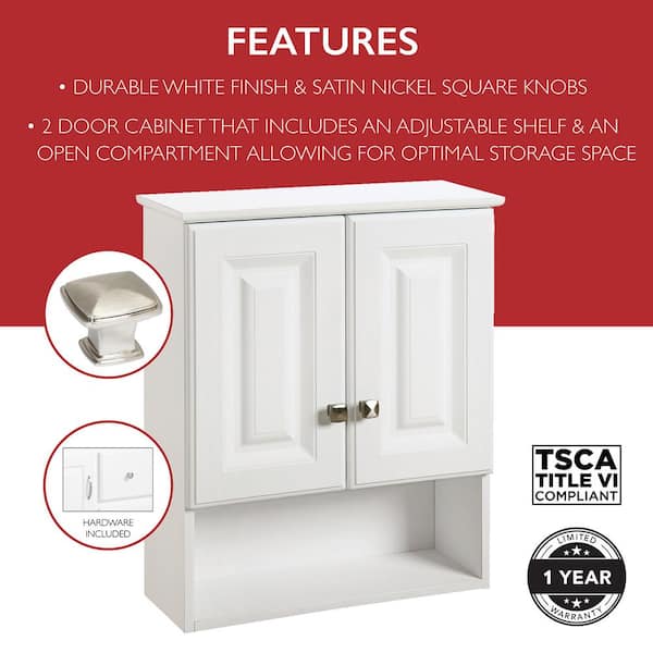 Design House Wyndham 22 In. W x 8 In. D x 26 In. H 2-Door Bath Wall Cabinet with Satin Nickel Hardware, White