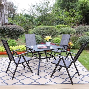 5-Piece Black Metal Patio Outdoor Dining Set with Slat Square Table and Grey Folding Reclining Sling Chairs