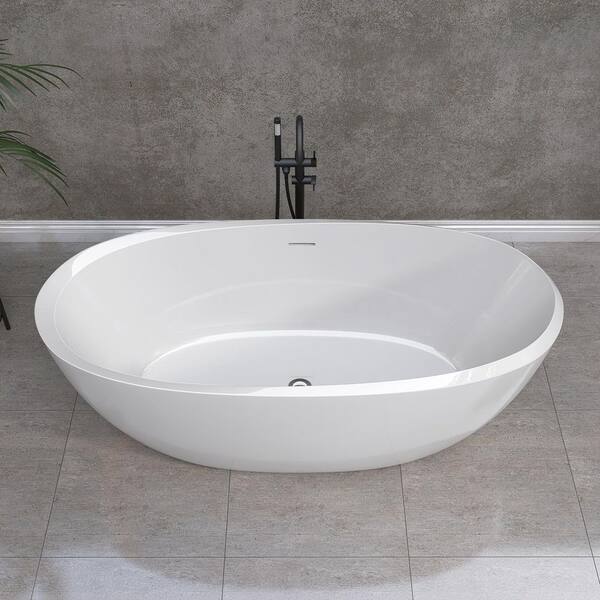 59 in. x 29.5 in. Free Standing Soaking Tub Flatbottom Acrylic Freestanding Bathtub with Chrome Drain in Glossy Black