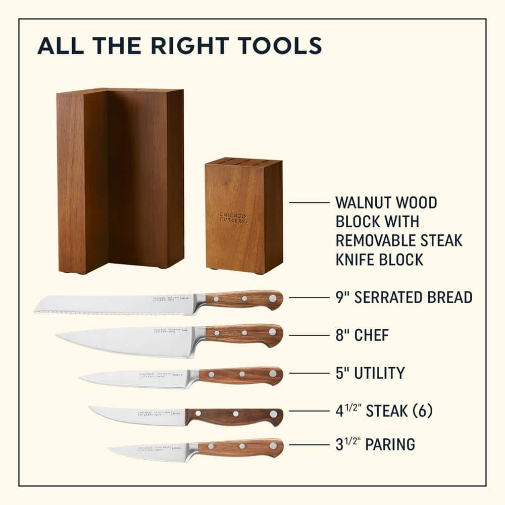 Chicago Cutlery Racine 12-Piece Kitchen Knife Wood Block Set, Stainless Steel Blades with Walnut Handles