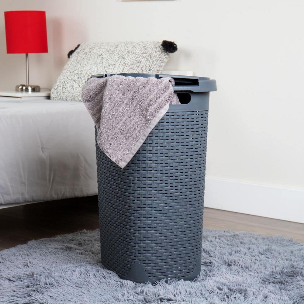 Gray Rectangle Wicker Style Plastic Laundry Hamper Set with Lid
