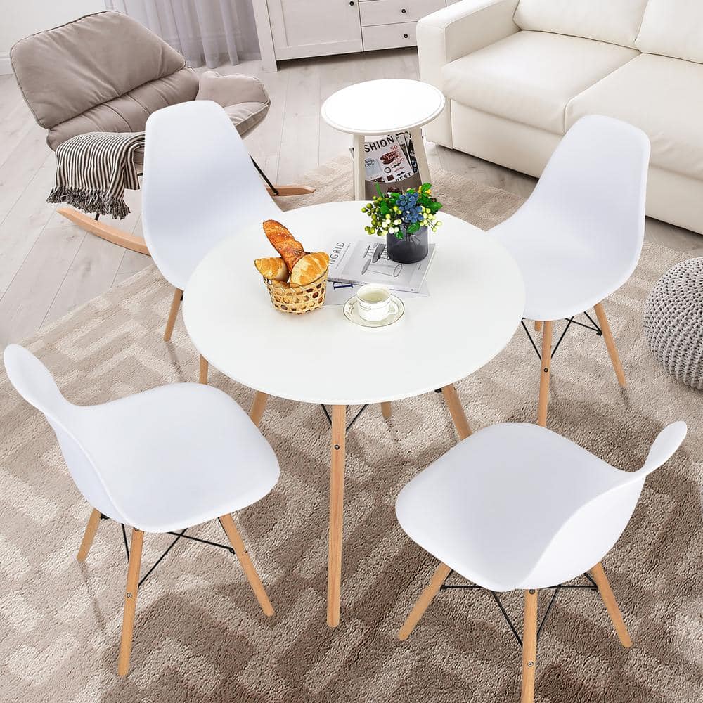 31.5 in. White Round Wood Dining Table Modern Coffee Table W/Solid Wooden Leg For Kitchen
