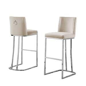 Erin 29 in. H Cream Low Back Bar Stool Chair With Silver Chrome Base and Back Ring With Velvet Fabric (Set of 2)