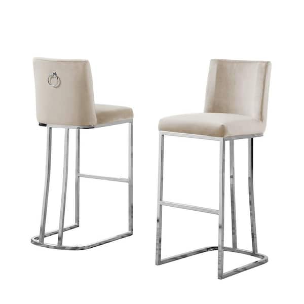 Best Quality Furniture Erin 29 in. H Cream Low Back Bar Stool Chair With Silver Chrome Base and Back Ring With Velvet Fabric (Set of 2)