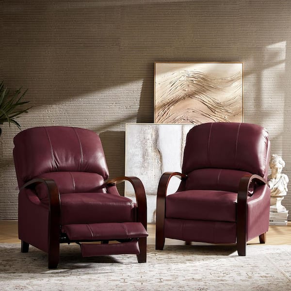 ARTFUL LIVING DESIGN Ernesto Burgundy Genuine Leather with The Wooden Armrest Recliner (Set of 2)