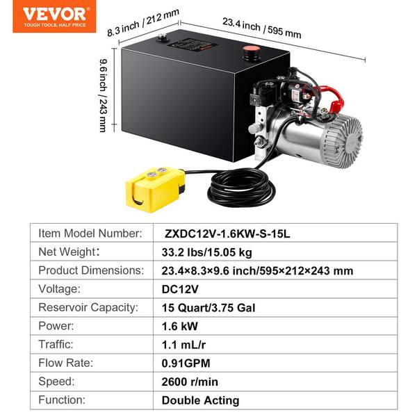 VEVOR 15 Quart Double Acting Hydraulic Pump, 12V DC Power Unit For Dump Trailer-868169