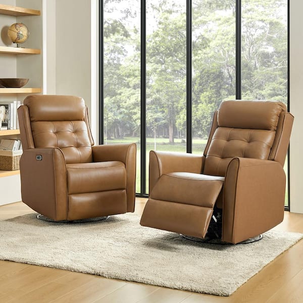 Ofelia Camel Modern Genuine Leather Swivel Rocking Power Recliner Set of 2