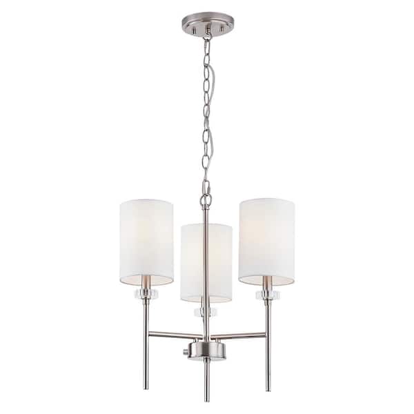 3 Light Modern Brushed Nickel Finish With Chandelier White Fabric Shades