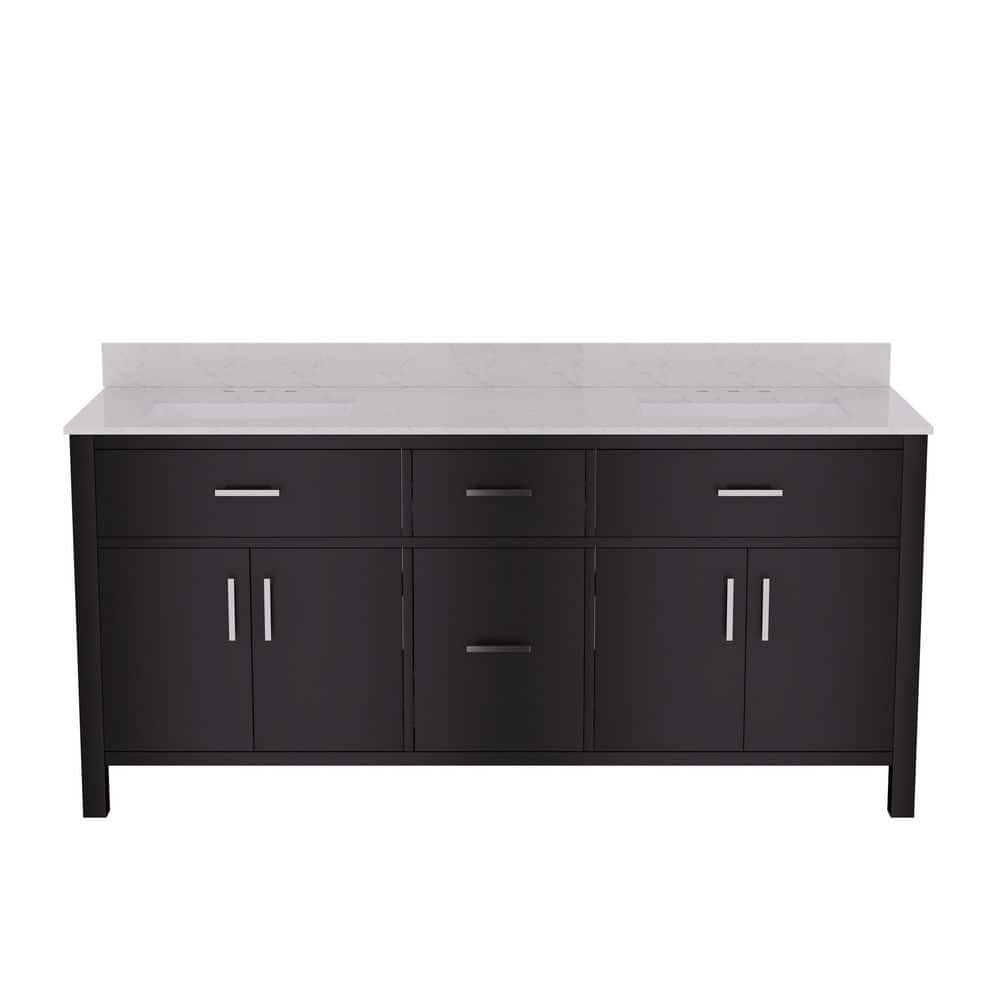 72" Black Double Freestanding Bathroom Vanity with Marble Top