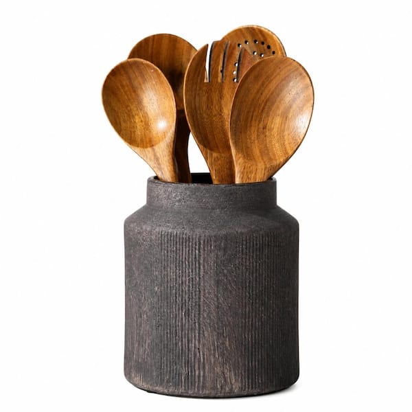 Chocolate Ceramic Farmhouse Kitchen Utensil Holder for Countertop with Vertical Stripe Design