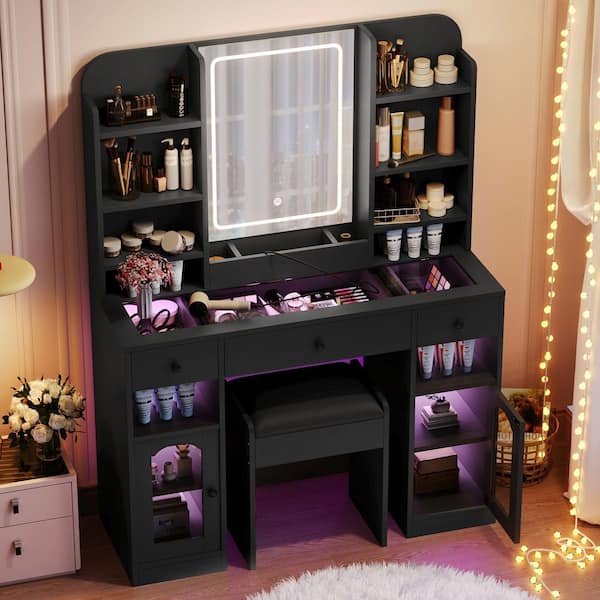 2-Piece Black Makeup Vanity Set with Stool, LED Mirror, Glass Top, RGB Glass Light Cabinets, Charging Station