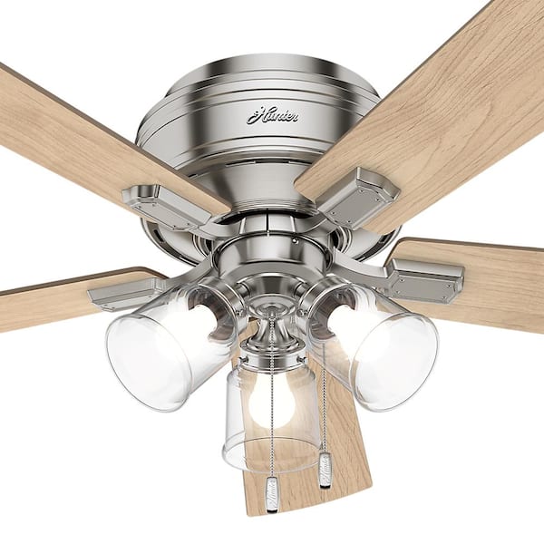 Brushed Nickel Low Profile Ceiling Fan with LED Bowl Light Kit Hunter 52 in 