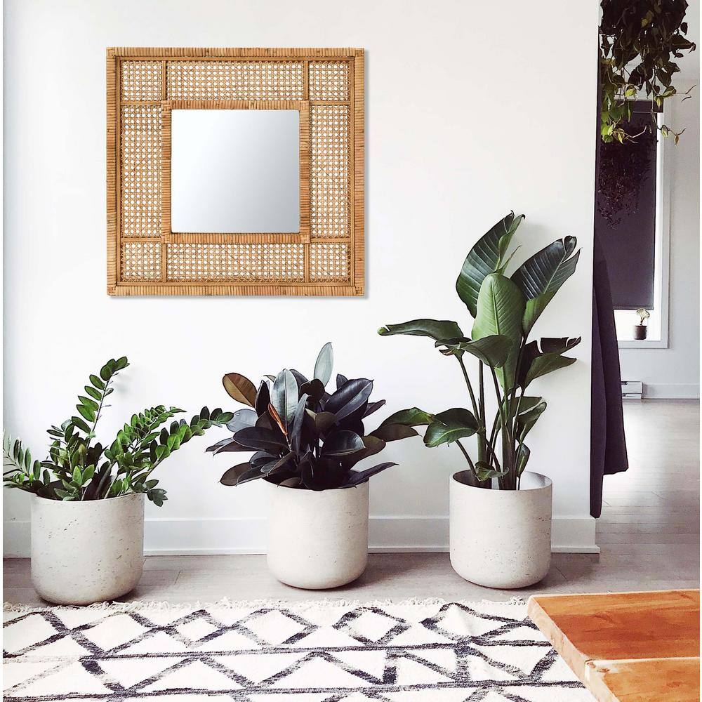 Boho Chic 26" Natural Rattan and Wood Square Wall Mirror