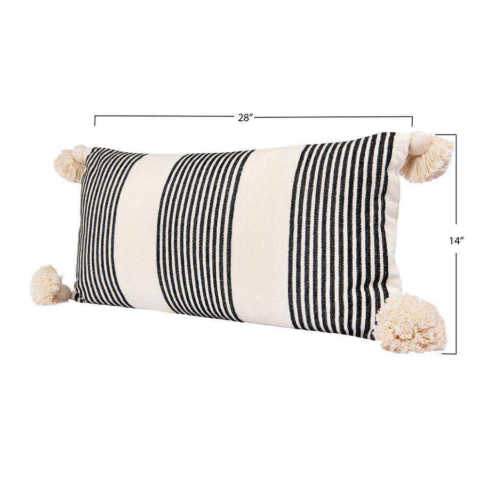 Black and Cream Cotton Chenille Striped Lumbar Pillow with Tassels