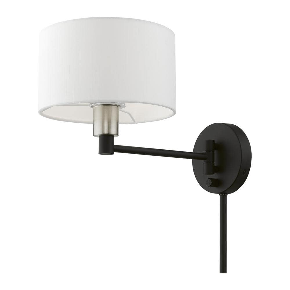 Black and Brushed Nickel Swing Arm Wall Lamp with Off-White Shade