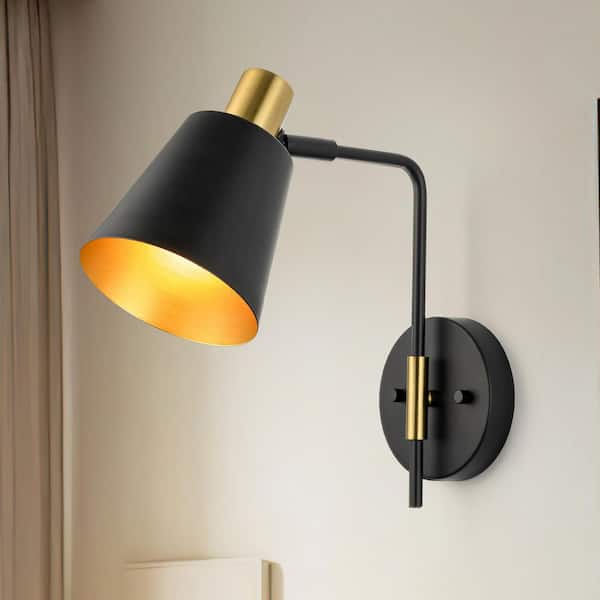 HUOKU Nimbus 1-Light Industrial Style Wall Sconce with Swivel Arm and Cone Shade in Matte Black and Brass Finish