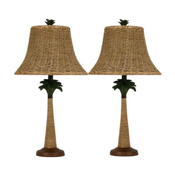 Pair of 25 in. Natural/Green Pineapple Cast Table Lamps with Designer Rattan Shades