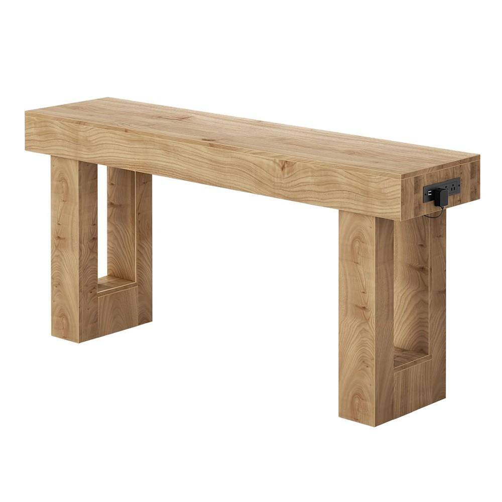 Farmhouse 63 in. Natural Oak Narrow Console Table with Sensor Light, Outlets and Open Storage