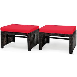 2-Piece Patio Rattan Ottoman Cushioned Seat Foot Rest Furniture in Red