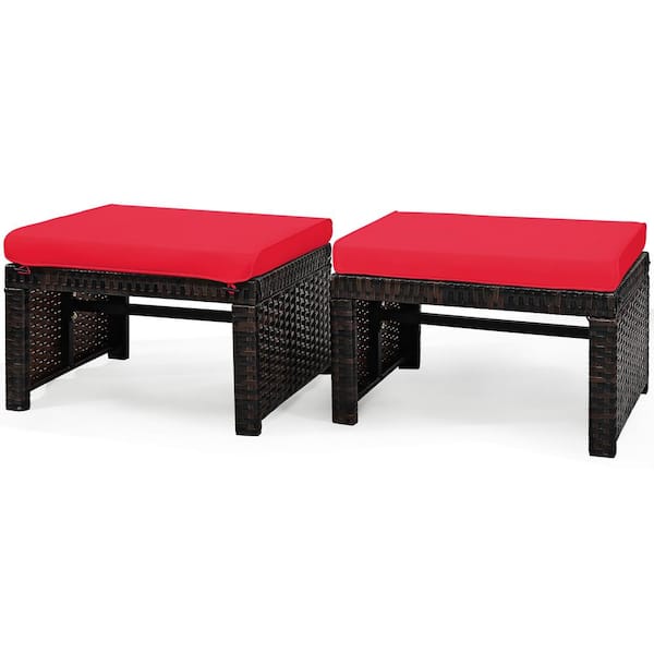 Costway 2-Piece Patio Rattan Ottoman Cushioned Seat Foot Rest Furniture in Red