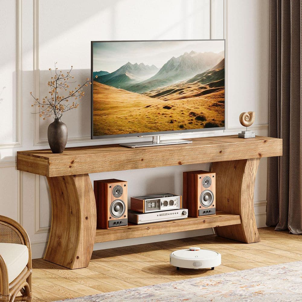 BYBLIGHT Ezlynn Brown TV Stand Fits TVs up to 55 to 75 in. Solid Wood Farmhouse TV Console Low Entertainment Center with Storage BB-LD0070TVSQ - The Home Depot