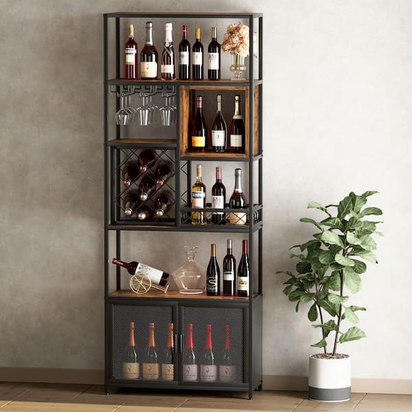 FUNKOL 31.5 in. x 11.81 in. x 82.68 in. Industrial Walnut Black MDF Floor Standing Wine Rack Cabinet with Glass Shelves Shelf10AABXR The Home Depot