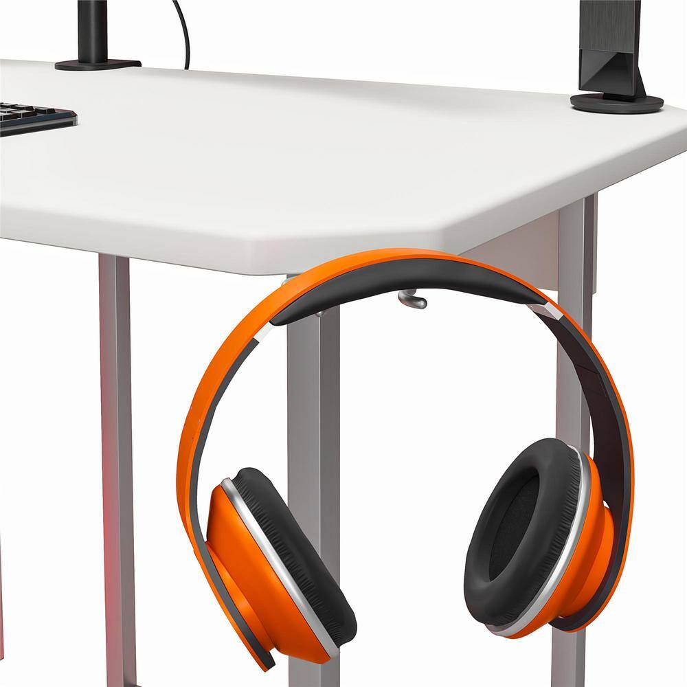 White and Silver L-Shaped Gaming Desk with CPU Stand