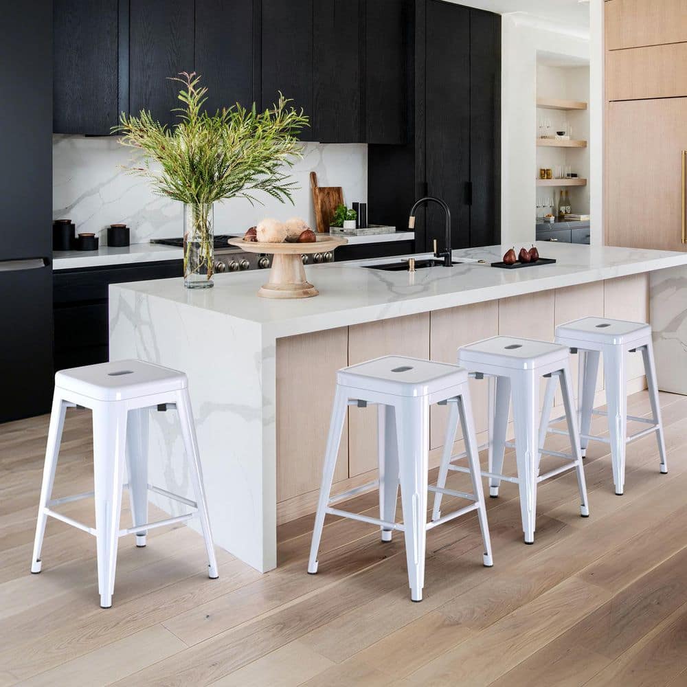 Bar Stools 24 in. H White Backless Metal Bar Stool with Seat Metal (Set of 4)