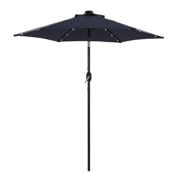 ANGELES HOME 7.5 ft. x 7.5 ft. 50 Plus UPF Solar Lighted Crank Tilt Steel Market Patio Umbrella without Base in Navy Blue