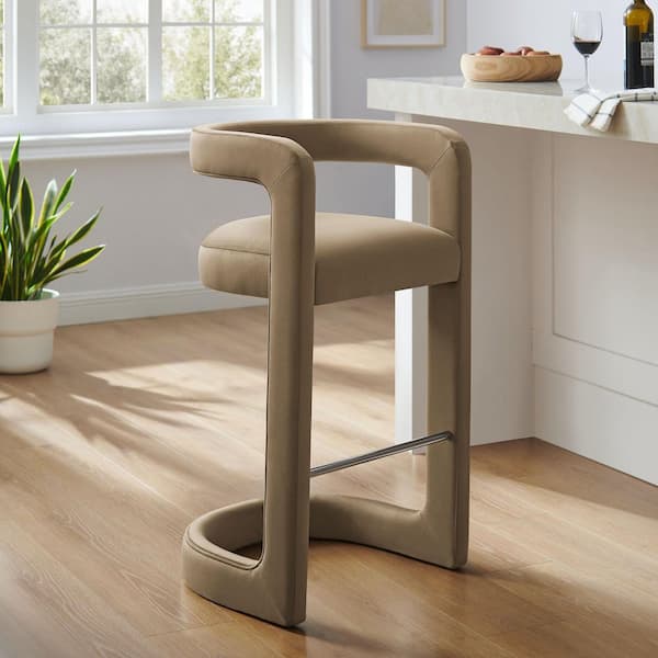 MODWAY Winslow Performance Velvet Bar Stool in Taupe with Stainless Steel Footrest-Bar-Height Stool with Armrests