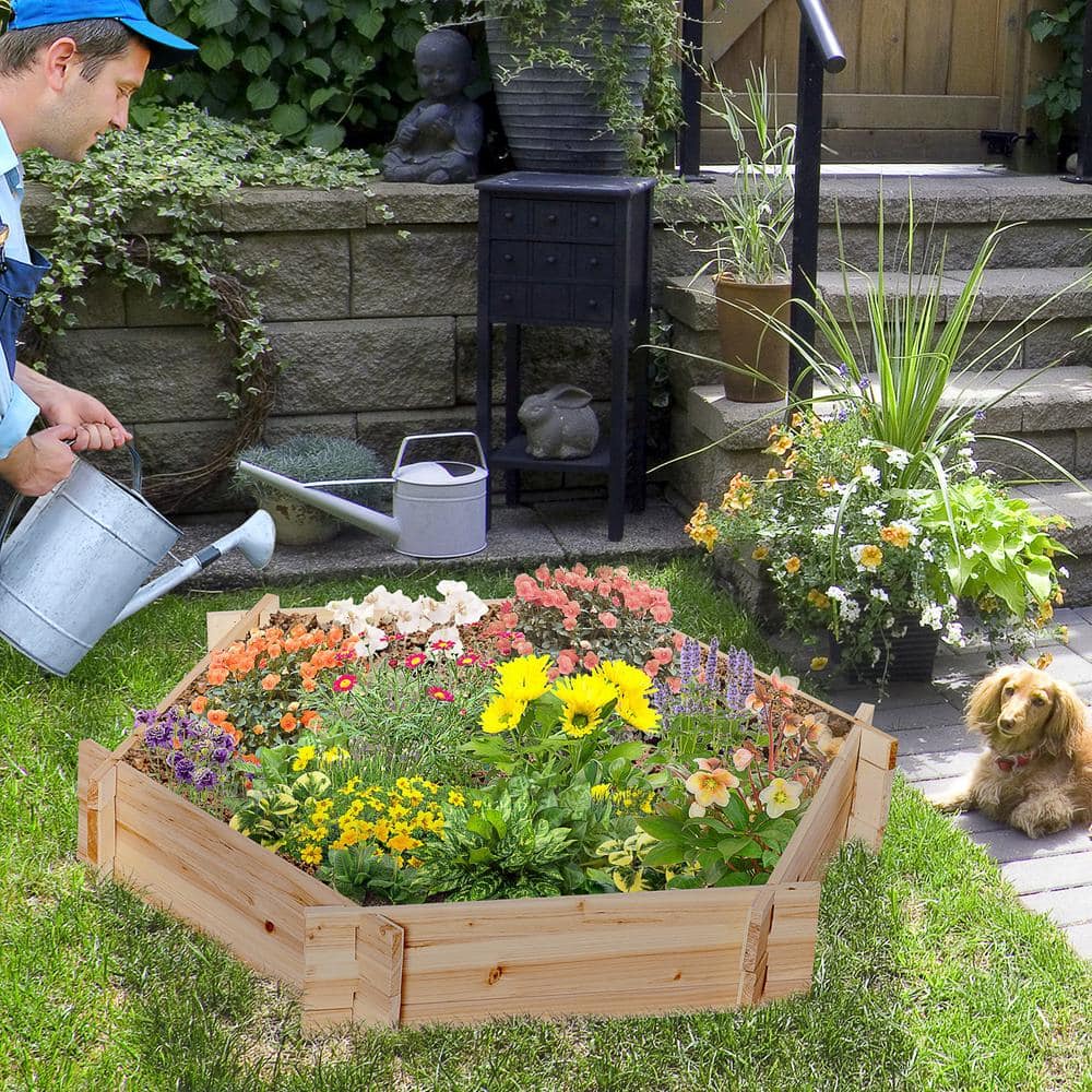 Natural Wood Hexagon Raised Garden Bed Planter for Outdoor Plants