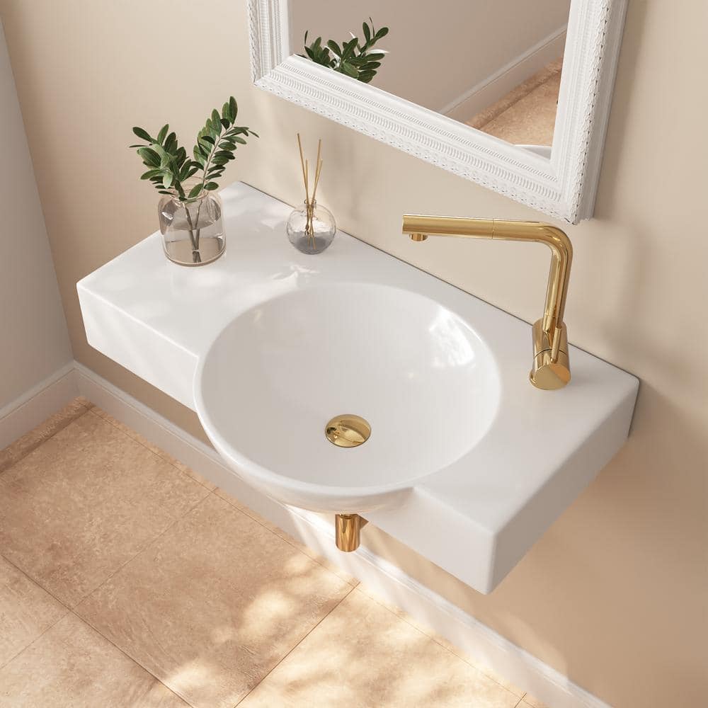 30'' White Ceramic Wall-Mount Bathroom Sink with Faucet Hole