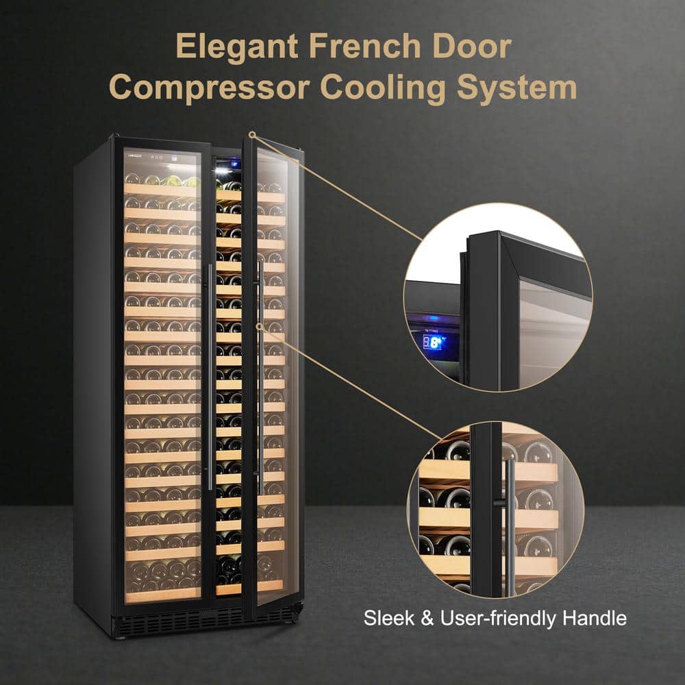Black Freestanding Dual Door Wine Cooler with Wooden Shelves