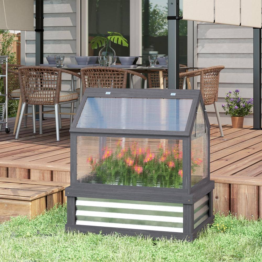Gray Fir Wood Raised Garden Bed with Polycarbonate Greenhouse