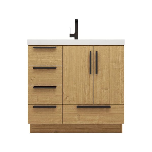 Carla 36 in. W x 20 in. D x 35 in. H Single Sink Freestanding Bath Vanity in Teak Oak with White Acrylic Top