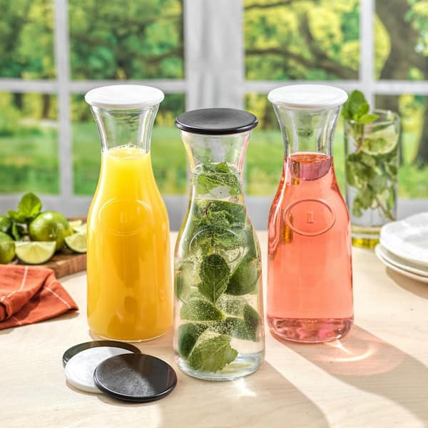 Finew 4 Pack Glass Carafe Pitchers with Wood Lids for Fridge, 1 Liter Water  Pitcher Juice Container for Mimosa Bar, Beverage, Brunch, Water, Juice
