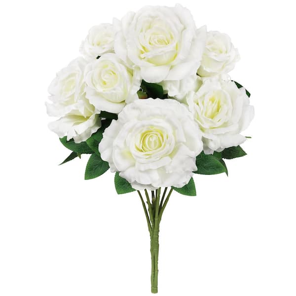LIVING LUXURY 22 in. Cream White Artificial Grand Rose Flower Stem Bush Bouquet (Set of 2)