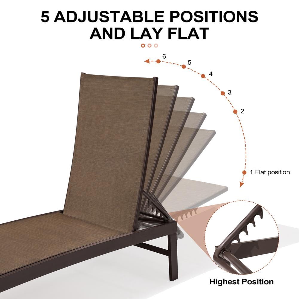 Brown Aluminum Adjustable Chaise Lounge Set with Texteline Fabric