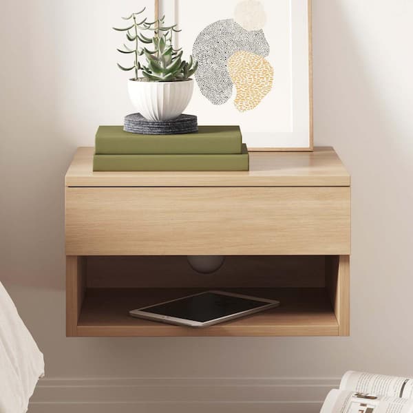 Nathan James Jackson Light Wood Modern Floating Bedroom Nightstand with Storage Drawer and Cubby, 13" L x 9" H x 16" W, Set of 2